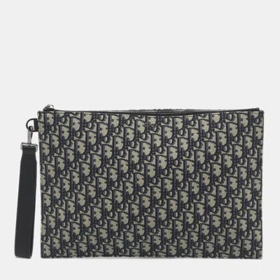 Pre-owned Dior Navy Blue Oblique Canvas And Leather A4 Clutch