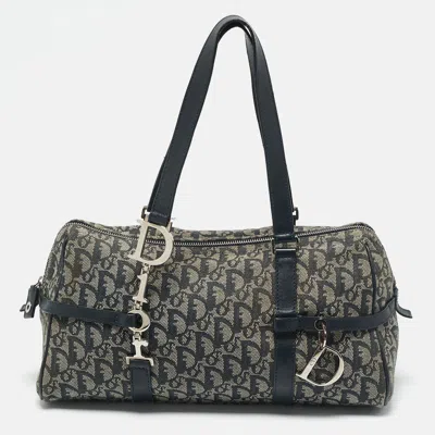 Pre-owned Dior Navy Blue Oblique Canvas And Leather Charms Boston Bag