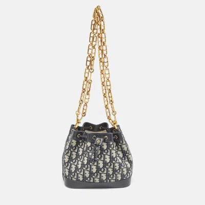 Pre-owned Dior Navy Blue Oblique Canvas And Leather Drawstring Chain Bucket Bag