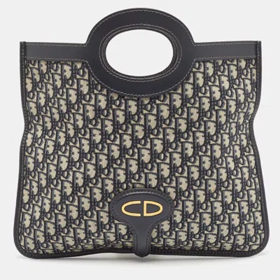Pre-owned Dior Navy Blue Oblique Canvas And Leather Fold Over Clutch
