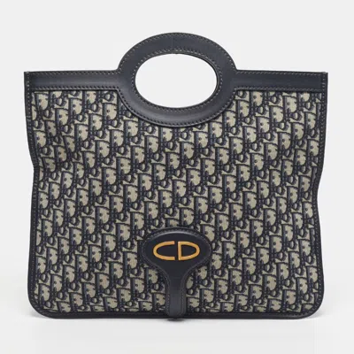 Pre-owned Dior Navy Blue Oblique Canvas And Leather Fold Over Clutch