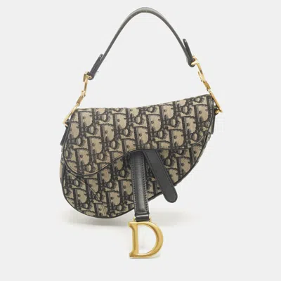 Pre-owned Dior Navy Blue Oblique Canvas And Leather Mini Saddle Bag
