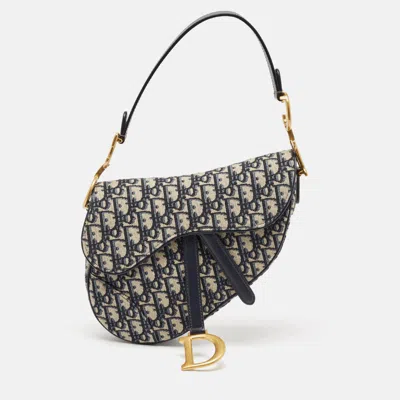 Pre-owned Dior Navy Blue Oblique Canvas And Leather Saddle Bag