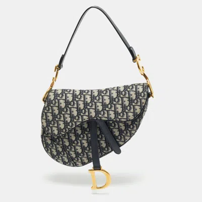 Pre-owned Dior Navy Blue Oblique Canvas And Leather Saddle Bag