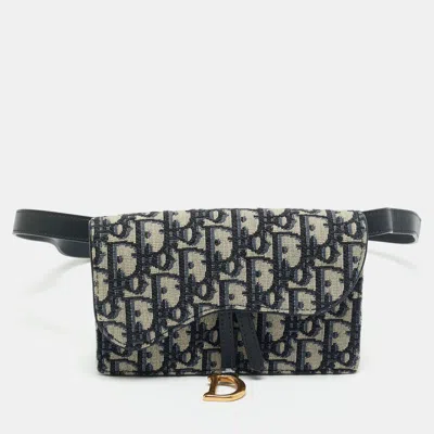 Pre-owned Dior Navy Blue Oblique Canvas And Leather Saddle Pouch Belt Bag