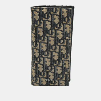 Pre-owned Dior Navy Blue Oblique Canvas Bifold Long Wallet