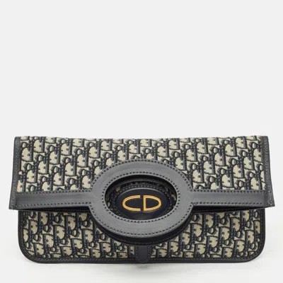 Pre-owned Dior Navy Blue Oblique Canvas Fold Over Clutch