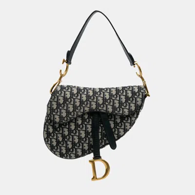 Pre-owned Dior Navy Blue Oblique Canvas Saddle Bag