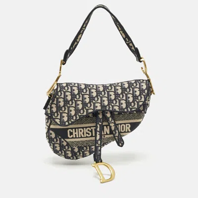 Pre-owned Dior Navy Blue Oblique Canvas Saddle Bag