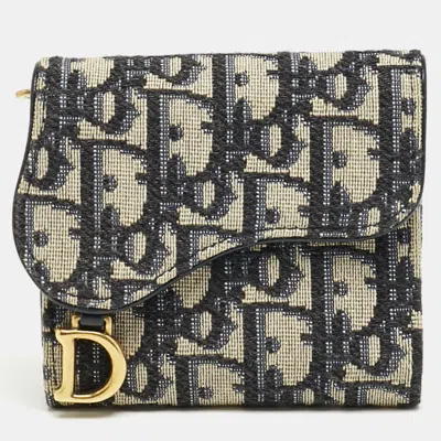 Pre-owned Dior Navy Blue Oblique Canvas Saddle Lotus Wallet