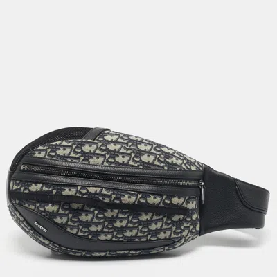 Pre-owned Dior Navy Blue Oblique Canvas Scarab Crossbody Bag