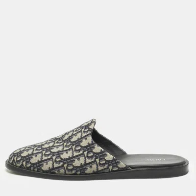 Pre-owned Dior Navy Blue Oblique Embroidered Canvas In Flat Mules Size 42