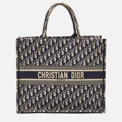 Pre-owned Dior Navy Blue Oblique Embroidered Canvas Large Book Tote