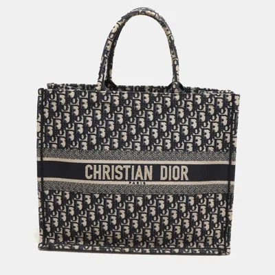 Pre-owned Dior Navy Blue Oblique Embroidered Canvas Large Book Tote