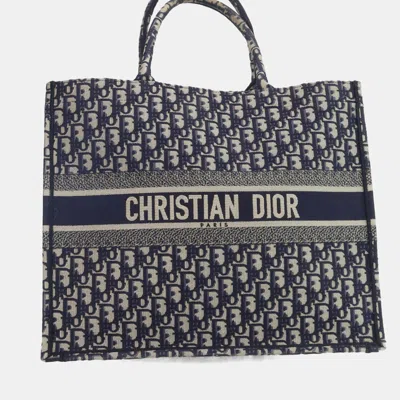 Pre-owned Dior Navy Blue Oblique Embroidered Canvas Large Book Tote