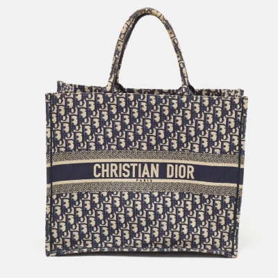Pre-owned Dior Navy Blue Oblique Embroidered Canvas Large Book Tote