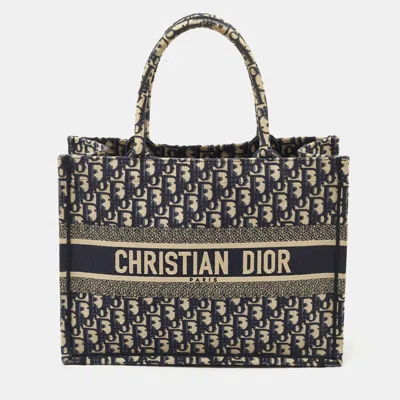 Pre-owned Dior Navy Blue Oblique Embroidered Canvas Medium Book Tote