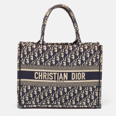 Pre-owned Dior Navy Blue Oblique Embroidered Canvas Medium Book Tote