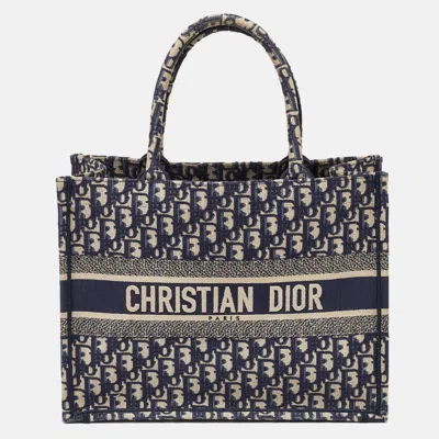 Pre-owned Dior Navy Blue Oblique Embroidered Canvas Medium Book Tote