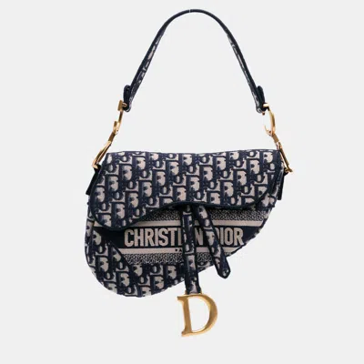 Pre-owned Dior Navy Blue Oblique Embroidered Canvas Saddle Bag