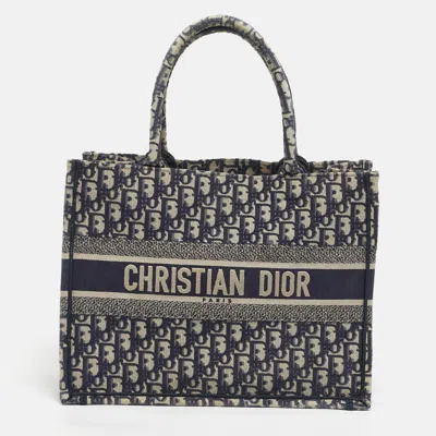 Pre-owned Dior Navy Blue Oblique Embroidered Canvas Small Book Tote