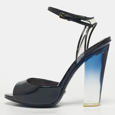 Pre-owned Dior Navy Blue Patent Leather Ankle Strap Sandals Size 37 In Black