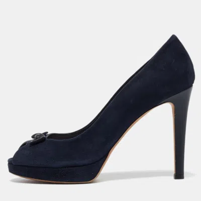 Pre-owned Dior Navy Blue Suede And Leather Bow Peep Toe Pumps Size 39.5