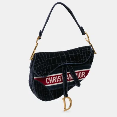 Pre-owned Dior Navy Blue Velvet Crocodile Effect Embroidered Saddle Bag