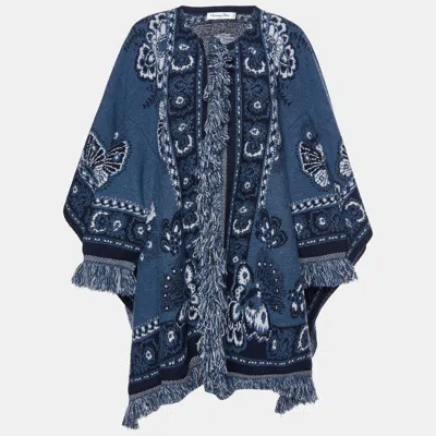 Pre-owned Dior Navy Blue Wool Jacquard Fringed Poncho S