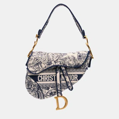 Pre-owned Dior Navy Blue/beige Canvas Embroidered Toile De Jouy Saddle Bag