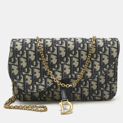 Pre-owned Dior Navy Blue/beige Oblique Canvas Medium Saddle Chain Pouch