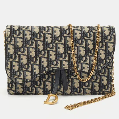 Pre-owned Dior Navy Blue/beige Oblique Canvas Saddle Chain Pouch