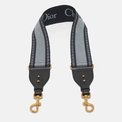Pre-owned Dior Navy Blue/black Embroidered Canvas And Leather Adjustable Shoulder Bag Strap