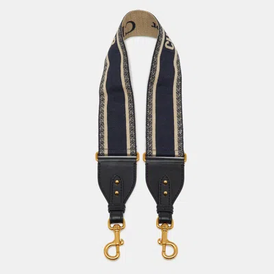 Pre-owned Dior Navy Blue/black Embroidered Canvas And Leather Bag Shoulder Strap