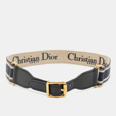 Pre-owned Dior Navy Blue/black Embroidered Canvas And Leather Waist Buckle Belt 75cm