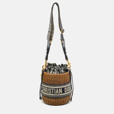 Pre-owned Dior Navy Blue/brown Oblique Canvas And Raffia Drawstring Bucket Bag