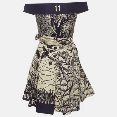 Pre-owned Dior Navy Blue/off White Cotton Off Shoulder La Roue De La Fortune Dress M