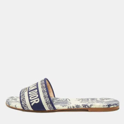 Pre-owned Dior Navy Blue/white Embroidered Canvas Dway Flat Slides Size 39
