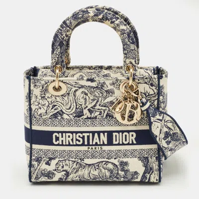 Pre-owned Dior Navy Blue/white Embroidered Canvas Medium Toile De Jouy Lady D-lite Tote