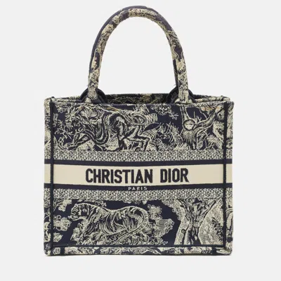 Pre-owned Dior Navy Blue/white Embroidered Canvas Small Toile De Jouy Book Tote
