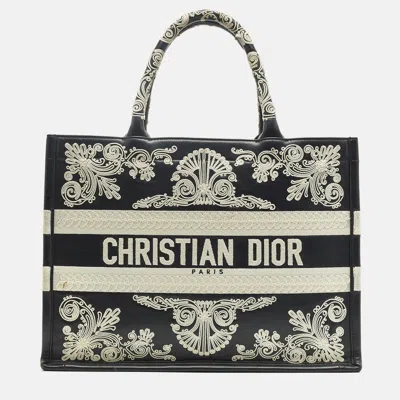 Pre-owned Dior Navy Blue/white Leather Embroidered Medium Book Tote