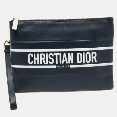 Pre-owned Dior Navy Blue/white Leather Logo Vibe Zip Clutch