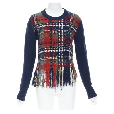 Pre-owned Dior Navy Red Plaid Tartan Cashmere Silk Fringe Hem Sweater Fr36 S