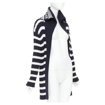 Pre-owned Dior Navy White Cotton Cashmere Logo Intarsia Back Neck Striped Cardigan Fr34 Xs