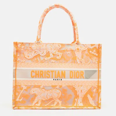 Pre-owned Dior Neon Orange Toile De Jouy Embroidered Mesh Medium Book Tote