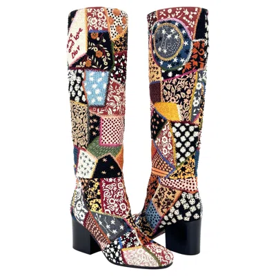 Pre-owned Dior New  Age Patchwork Embroidered Beaded Peace Love Knee High Boots 36.5 In Brown