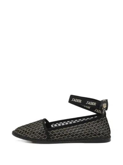 Pre-owned Dior Nicely D Mesh Ankle-wrap Ballet Flats In Black