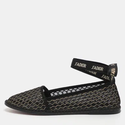 Pre-owned Dior Nicely D Size 38.5 Black Mesh And Suede Ankle Wrap Ballet Flats