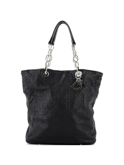Pre-owned Dior North South Soft Chain Cannage Stitch Leather Medium Tote Bag In Black