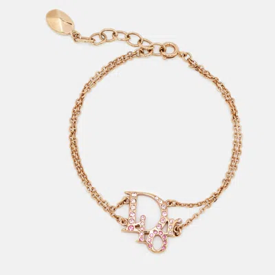 Pre-owned Dior Oblique Charm Crystal Studded Gold Tone Double Chain Bracelet In Pink